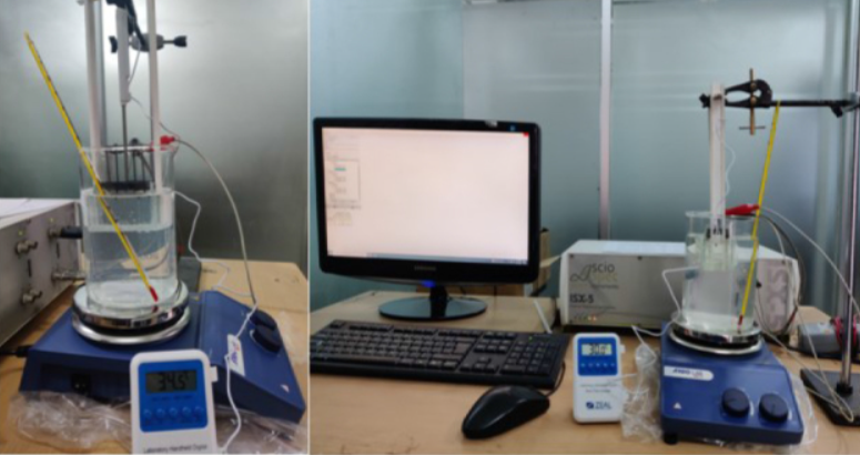 Setup for measuring impedance of biological samples with the ISX-5 spectrometer while applying heat using a hot water bath.