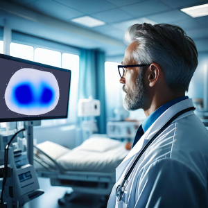 A doctor examining Electrical Impedance Tomography (EIT) imaging to monitor lung function during mechanical ventilation.