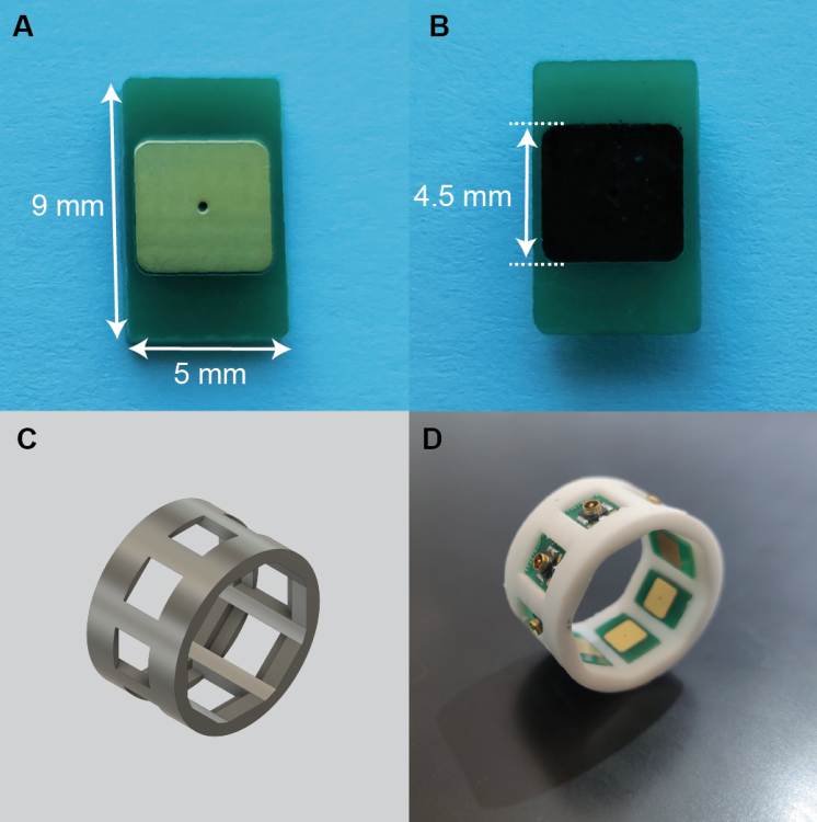 Representative smart ring sensors with nickel-gold finish and PEDOT coating, alongside the Autodesk Fusion ring design and the fabricated ring with interior sensors attached.