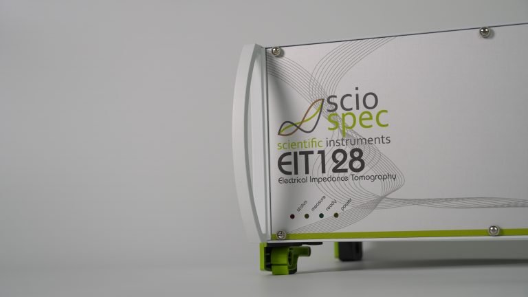 Sciospec EIT128 device showcasing a modular, 128-channel platform for electrical impedance tomography with high frame rate, flexible electrode support, and integration options for advanced imaging research.