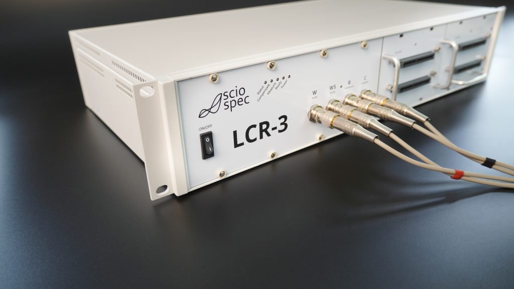Sciospec LCR-3 with integrated multiplexer module for high-channel-count, automated LCR testing.