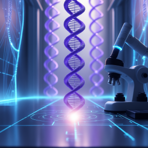 Microscope Nanotechnology-Assisted DNA Characterization strands in a high-tech lab environment, symbolizing bioimpedance analysis of genetic material
