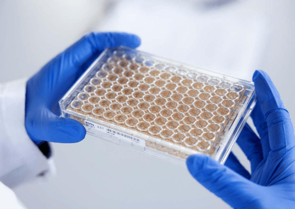 96-well sensor plate featuring integrated gold microelectrodes for systems powered by Sciospec technology.